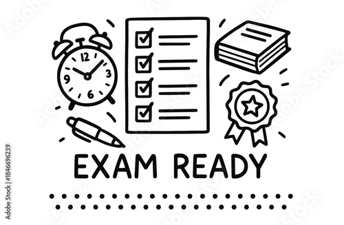 Exam preparation essentials: clock, checklist, books, pen, and award