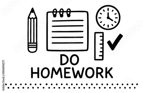 Back to school drawing with supplies: pencil, notebook, clock, ruler, and check mark