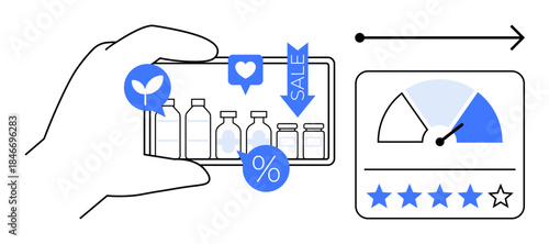 Online shopping concept. Online shopping connects consumers with product reviews, ratings, and discounts. Online shopping enhances user engagement and promotes decision-making. For e-commerce