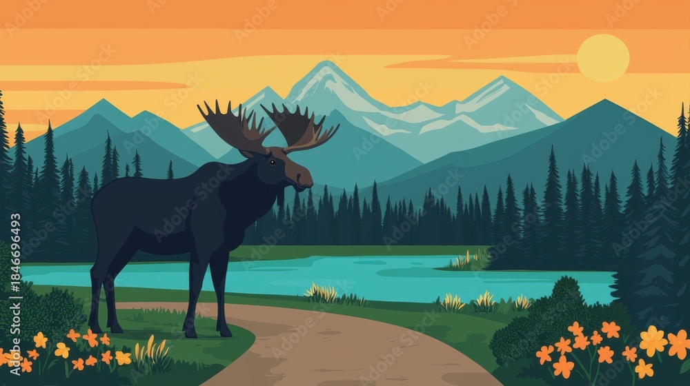 Fototapeta premium A majestic moose stands by a serene lake, surrounded by mountains and forests, under a sunset sky, creating a tranquil natural scene.