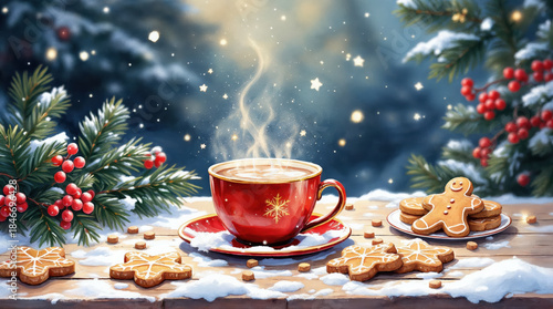 Wallpaper Mural Cozy red cup of hot coffee and gingerbread cookie on snowy winter table feeling warm and festive for Christmas holiday Torontodigital.ca
