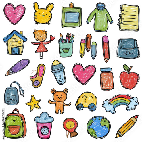 Colorful collection of hand drawn kids doodles and icons.