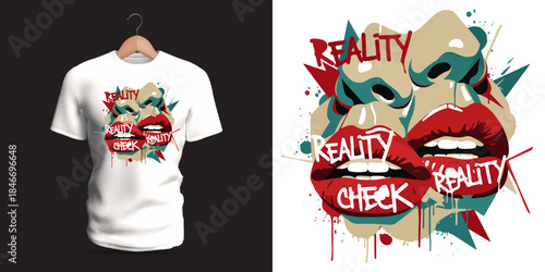 This vector T-shirt showcases graffiti lettering reading “Reality Check,” paired with expressive lips, wide-open mouth, abstract splashes, fragmented blocks, and dripping paint. The bold colors