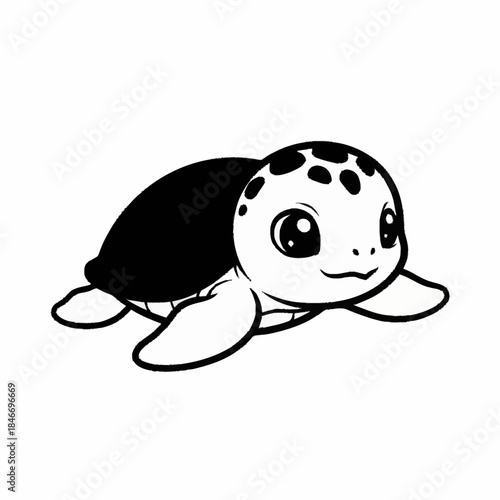 Cute Baby Sea Turtle Black and White Cartoon Illustration.
