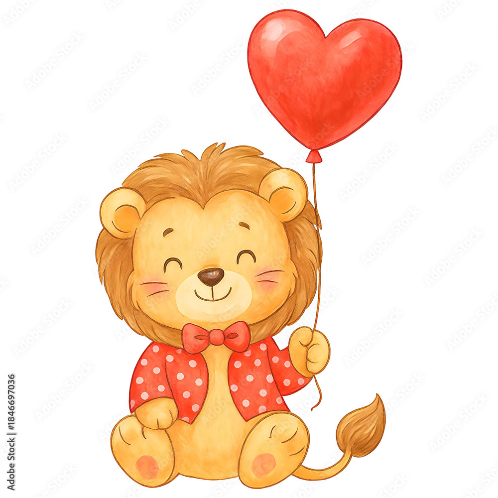 Fototapeta premium A cute cartoon lion cub in a white jacket with red polka dots and a butterfly, holding a red heart-shaped ball in his paw. Perfect for a children's or holiday theme