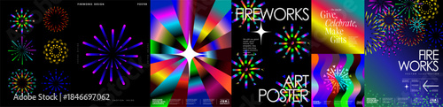 Abstract fireworks. Vector modern neon geometric illustrations of fireworks, gradient, sky, pattern, and celebration for poster on party, flyer, background or festive event