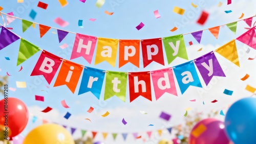 Happy Birthday Colorful Party Banner with Confetti Celebration Background