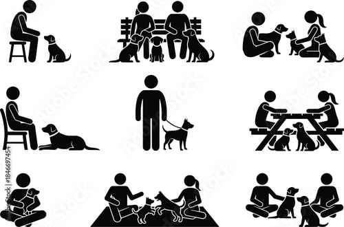 People interacting with dogs silhouettes set pet owners training playing walking animals isolated black icons on white background illustration