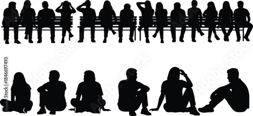 People Sitting Silhouettes Set, Group on Bench, Relaxed Waiting Poses, Casual Crowd Figures, Public Space Scene, Black Vector Illustration Collection