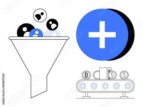 Data processing concept. Data ed through symbols entering a funnel, processed by machinery, and yielding results. Data funnels, automation, digital efficiency, workflows integration, and currency