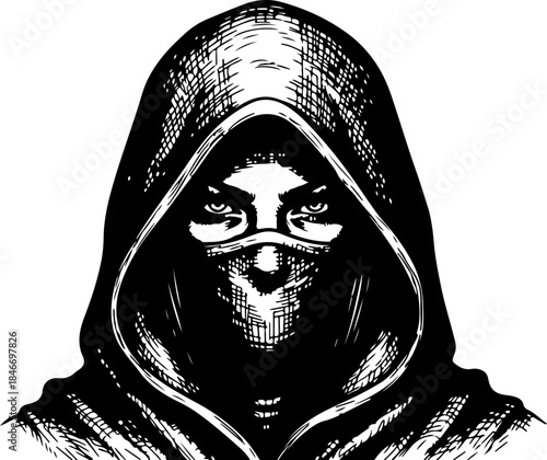 Mysterious hooded figure with skull mask