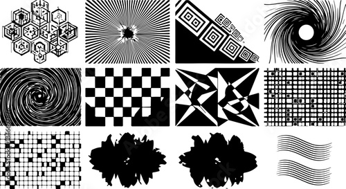 Collection of various black and white abstract shapes and patterns