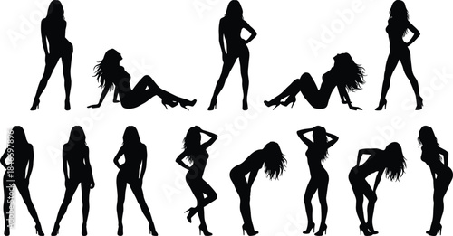 Sexy female silhouette collection with seductive poses high heels fashion models body shapes isolated black figures on white background