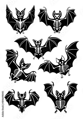 Spooky black and white bat collection showing detailed ribcage and skull skeletons, flying in various dynamic poses- a vintage woodcut style Halloween decoration set