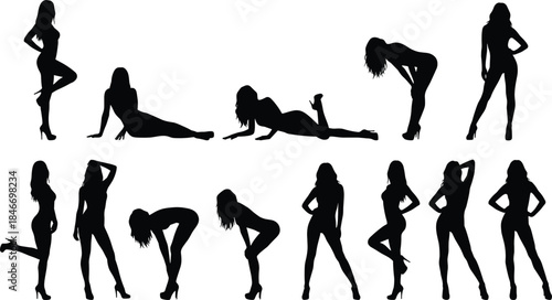 Sexy female silhouettes posing in high heels fashion model body shapes seductive poses isolated black figures on white background collection