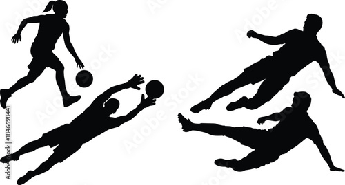 Soccer player silhouettes action set football dribbling kicking goalkeeper diving sport competition isolated black figures on white background