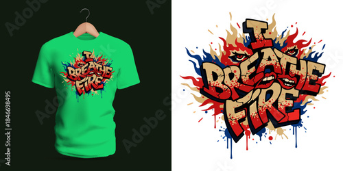This vector T-shirt showcases graffiti lettering reading “I Breathe Fire,” combined with flaming strokes, dripping accents, fierce splashes, and sharp abstract shapes. The vivid color bursts create
