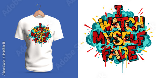 This vector T-shirt features graffiti lettering reading “I Watch Myself Fade,” surrounded by dissolving shapes, dripping accents, splattered paint, vibrant strokes, and abstract cloud-like forms.