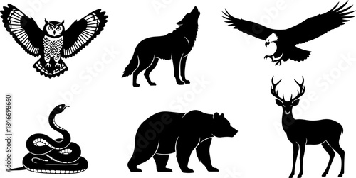 Wild animals silhouettes including owl, wolf, eagle, snake, bear, deer