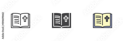 Holy Bible book line outline solid icon set pack
