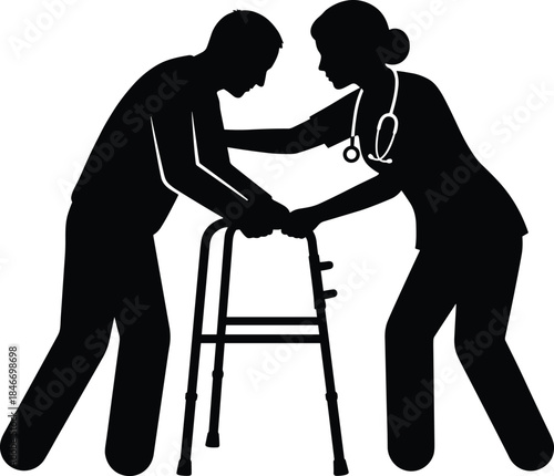 Nurse helping elderly patient with walker silhouette healthcare support rehabilitation medical care assistance isolated black figures on white background