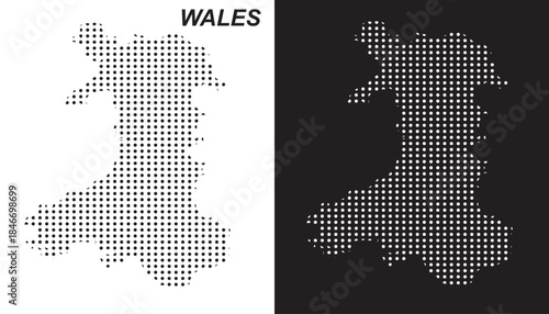 Wales Map Vector, United Kingdom Country Dotted Pattern Black and White Shapes, Wales Infographic Template, Editable EPS Wales Geography
