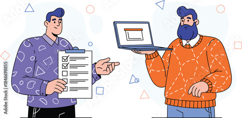 Businessmen Project Collaboration Checklist Laptop Abstract Shapes Planning Professional Vector Illustration
