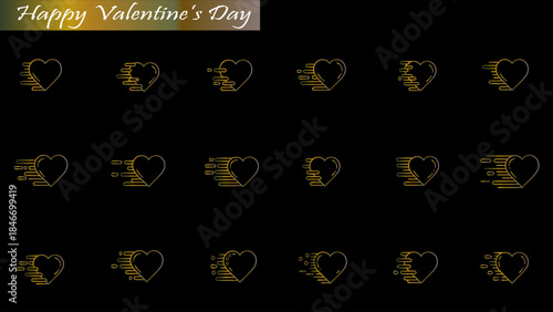 Valentine's Day flying hearts collection. Happy Valentine's Day card banner with love and romance elements on a black background,