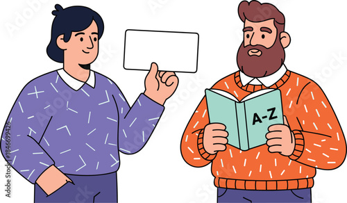 Learning Knowledge Sharing Two Men Blank Card A-Z Guide Education Concept Vector Illustration