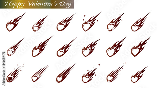 Valentine's Day shooting star hearts collection. Happy Valentine's Day card banner with love and romance elements on a transparent background.