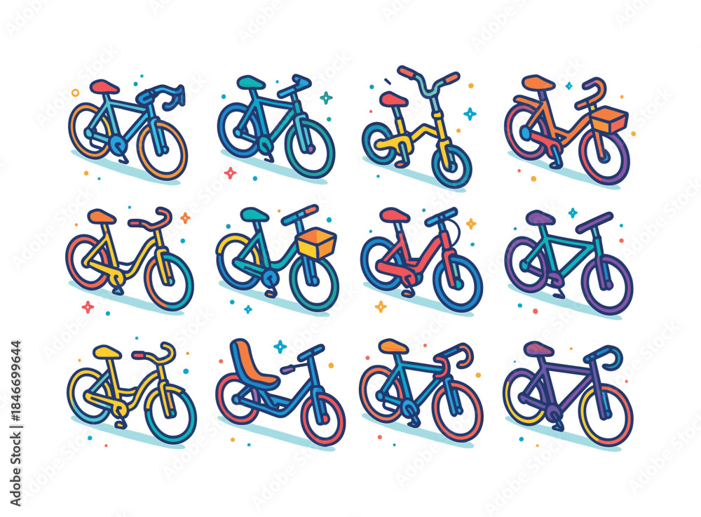 Fototapeta premium Isometric Bicycle Icons. Bicycles and e-bikes. Colorful isometri