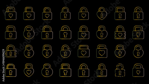 Valentine's Day locks set icon vector illustration golden outline love heart shape padlock on black background.