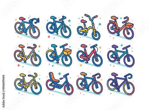 Isometric Bicycle Icons. Bicycles and e-bikes. Colorful isometri