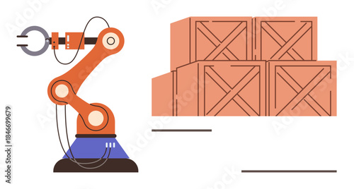 Robotic arm interacting with wooden crates, illustrating automation in storage, manufacturing, or logistics. Ideal for technology, innovation, efficiency, industry 4.0 engineering supply chain