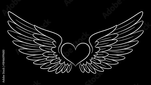 Heart with wings design featuring a elegant white outline of feathered wings and a central heart shape on black background.