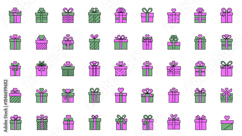Gift box icons collection featuring various shapes and patterns in pink and green hues on a transparent checkered background