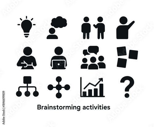 Brainstorming Icon Set. Brainstorming activities. Solid icon set