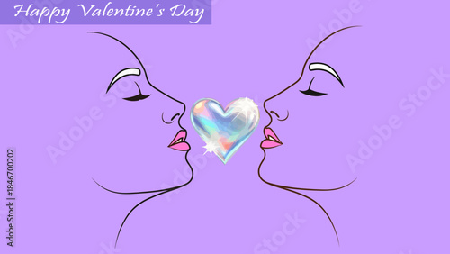 Two faces kissing vector illustration. abstract line art of couple with diamond heart, valentine day greeting, romantic design