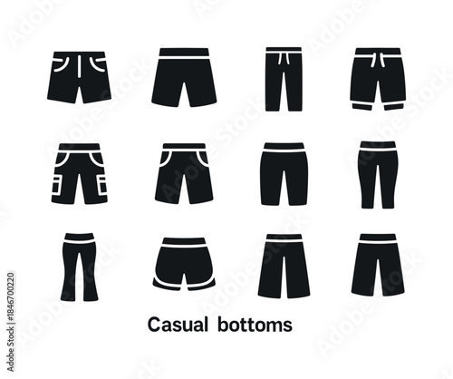 Casual Bottoms Icons. Casual bottoms. Solid icon set of casual b