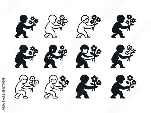 Children's Flower Icons. Children Picking Flowers. Icon set. Set