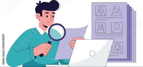 Cartoon Man Reviewing Job Applications Magnifying Glass Laptop Recruitment Hiring Vector Illustration