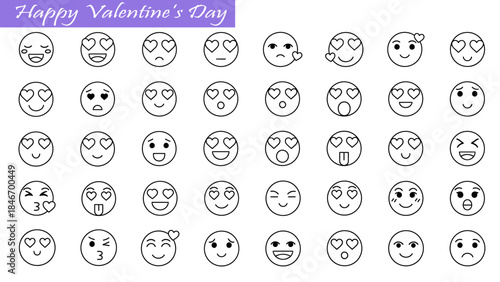 Collection of outline Valentine's Day heart eye emojis, various expressions of love and adoration, romantic emoticons for digital communication. 