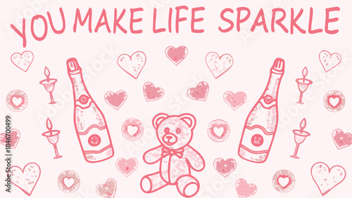 A charming illustration of champagne bottles and a teddy bear surrounded by hearts and candles on a pink background
