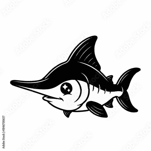 Cute Cartoon Swordfish Illustration Black and White.