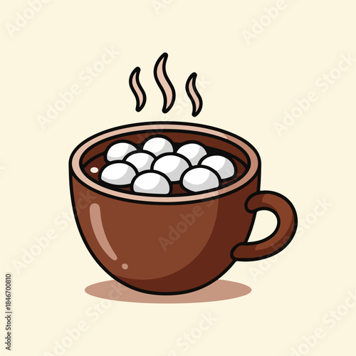 A digital illustration of a steaming brown mug filled with marshmallows on a plain background. Perfect for food blogs, recipe websites, and cooking magazines.
