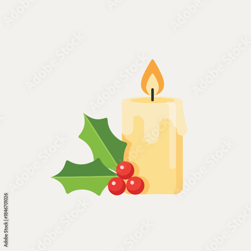 A lit candle with a holly leaf and red berries on a plain background. Perfect for Christmas, holiday decorations, and festive greeting cards.
