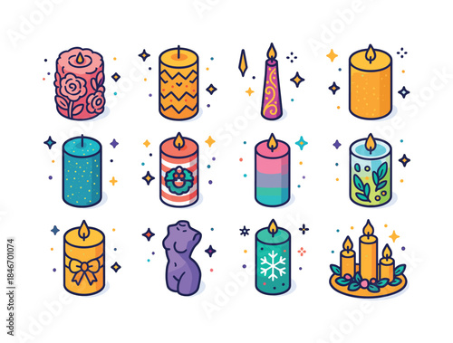 Colorful Candle Icons. Decorative candles. Colorful isometric ve