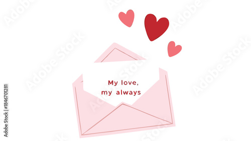A charming pink envelope with floating hearts and a sweet love letter inside a white background