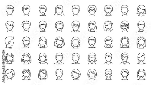 A diverse set of flat line icons of human faces, minimalist avatars for user profiles, social media, and business presentations.