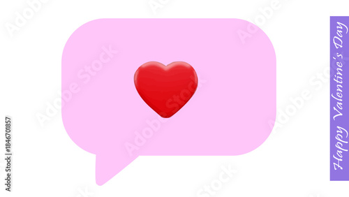 Pink speech bubble with red heart icon, valentines day romantic graphic, love message symbol, social media like on transparent background.